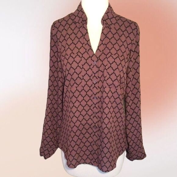 EXPRESS Long Sleeve Button Front Taupe Brown & Black‎ Blouse S - Picture 1 of 8
